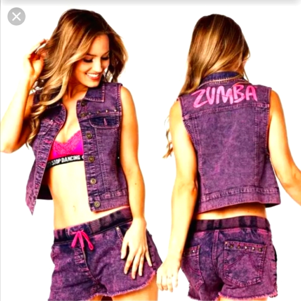 Zumba Stretch Denim Purple Jean Vest size Medium Marvelous Get Wild Excellent